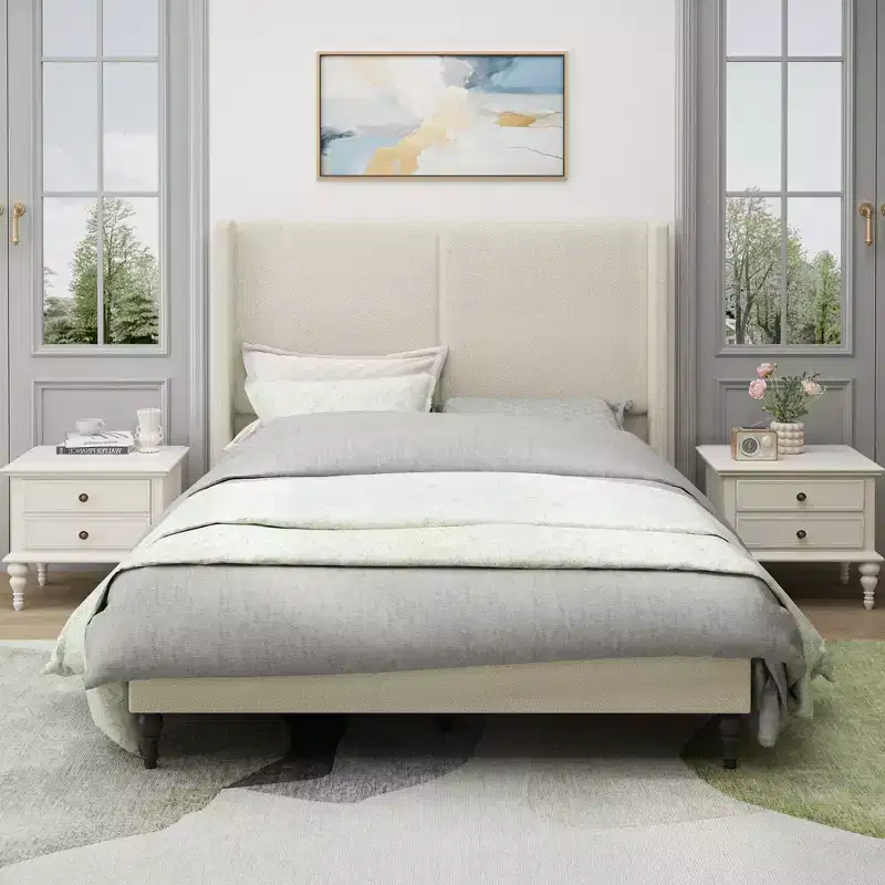 GDFStudio Winfred Boucle Upholstered Wood Bed with 55 Wingback Headboard