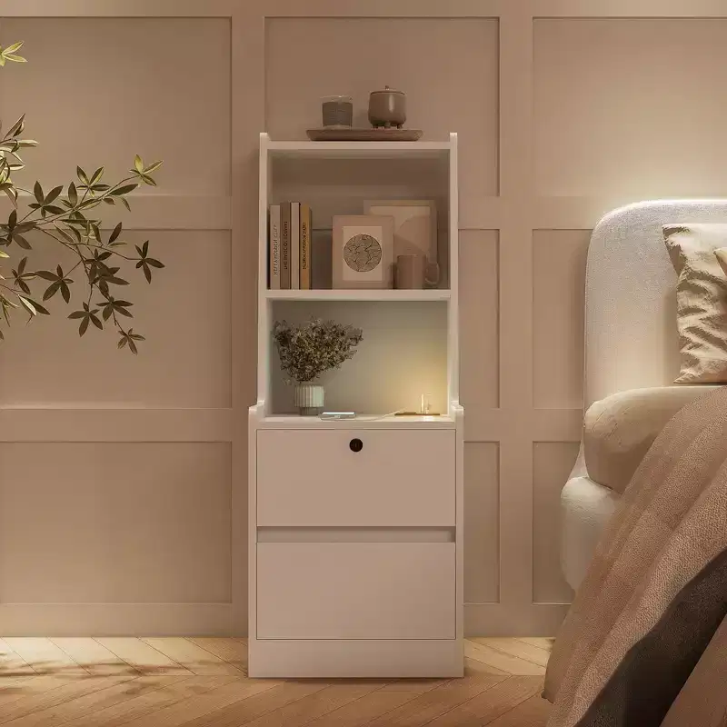 Lockable Storage Cabinet with Charging Station, 2-Tier Open Shelves, and 50 Ibs LoadIdeal as a Nightstand or Bedside Table,White