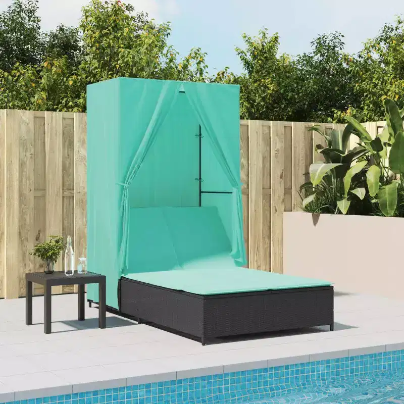 vidaXL Double Sun Lounger with Roof and Curtains Poly Rattan