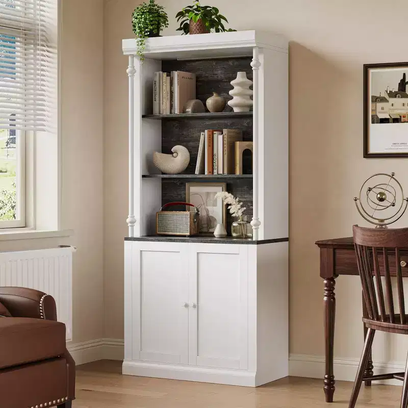 GustoWave 71 5-Tier Open Bookcase, Tall Roman Column Bookshelf with LED Lights, White & Black Wood Grain, Adjustable Shelves