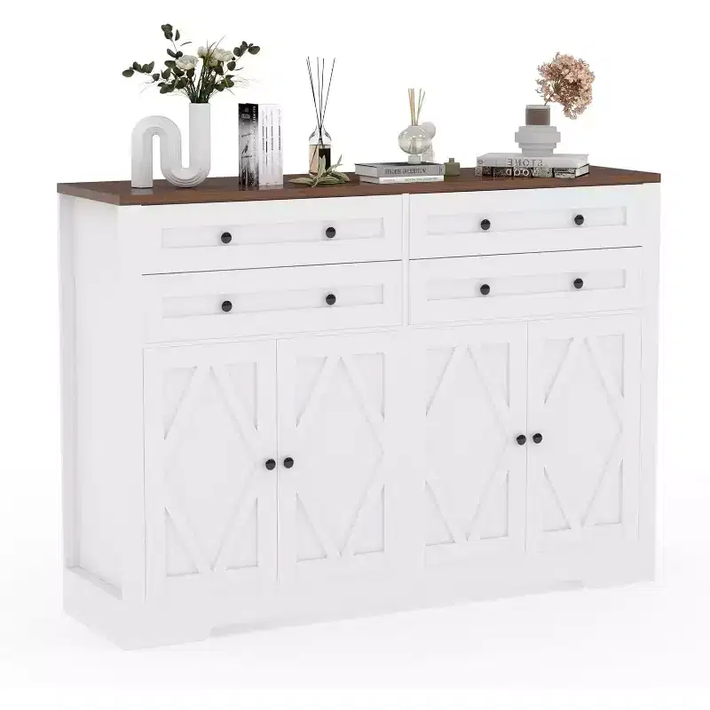 Modern Buffet Cabinet with Storage,Farmhouse Sideboard with 4 Doors & 4 Drawers,Large Wood Buffet Cabinet for Dining Room, Kitchen,white