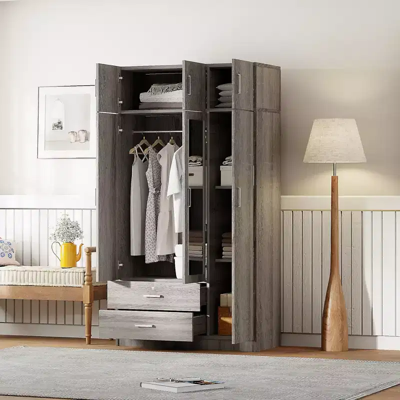 Wood 3-Door Wooden Wardrobe Armoire with Mirror, 2-Drawers, Shelves, Hanging Rod and Top Cabinet