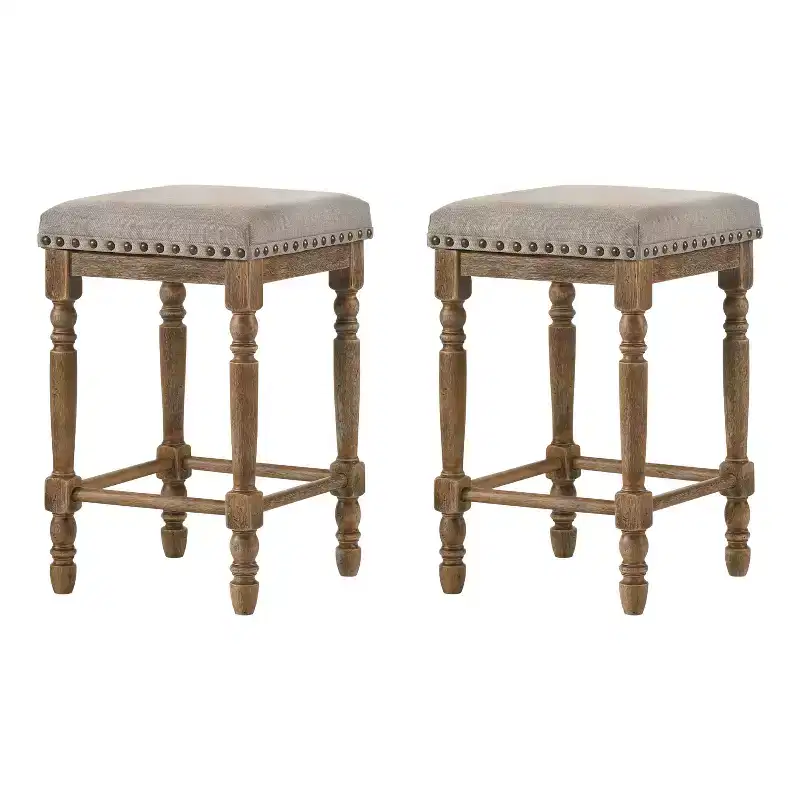Simple Relax Set of 2 Fabric Upholstered Counter Height Stools in Weathered Oak and Beige