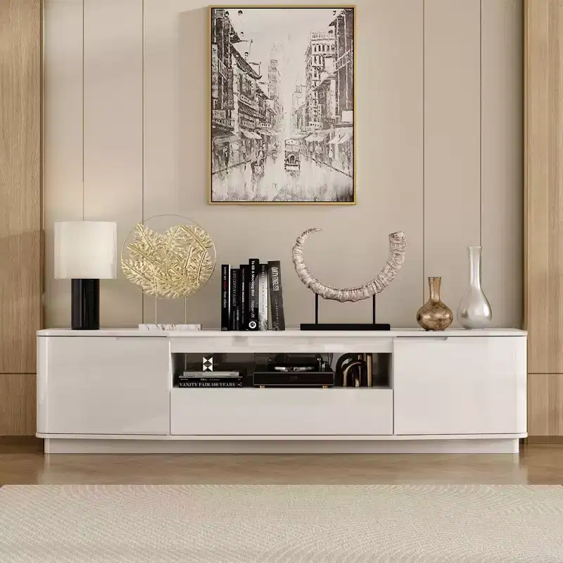 White Glossy TV Stand with Rounded Corners, 2 Cabinets & Drawer – Fits up to 70