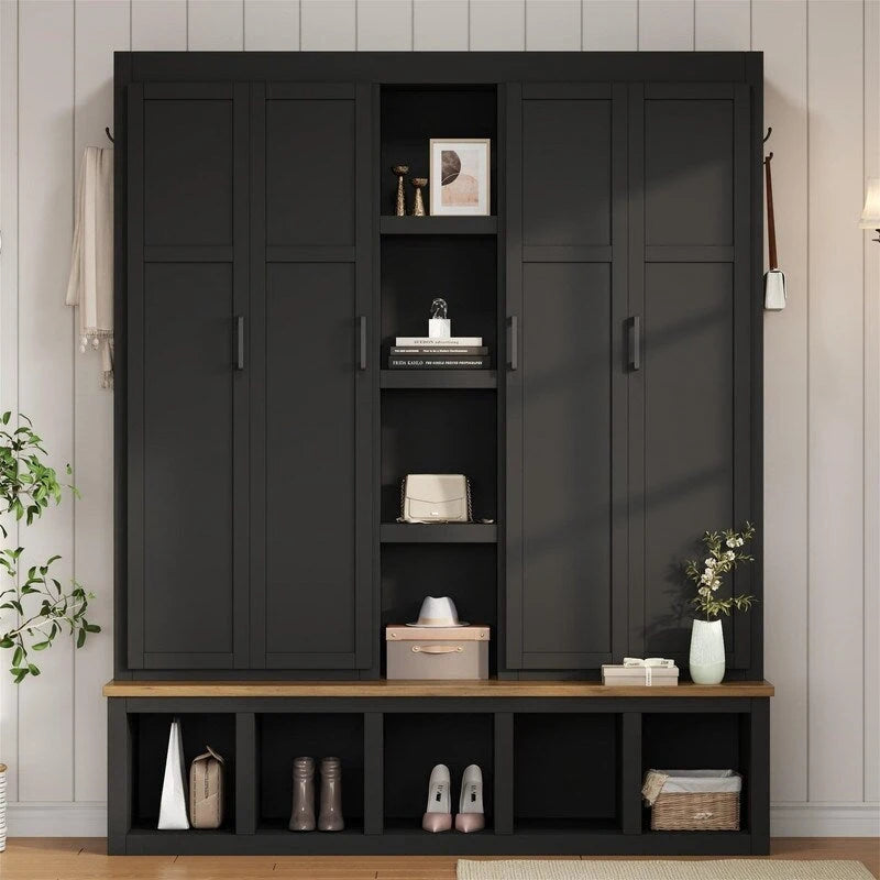 Farmhouse 4-in-1 Hall Tree with Open Display Shelves, Mudroom Shoe Bench with Open Compartments, Entryway Coat Rack with 6 Hooks