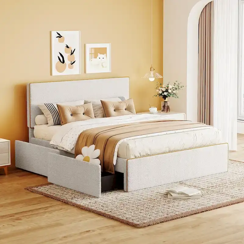 Full Size Upholstered Platform Bed with 4 Storage Drawers | Modern Bedroom