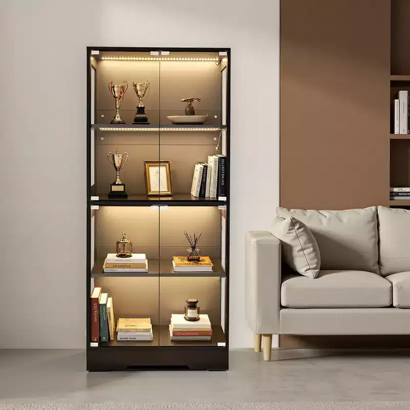 VEVOR Display Cabinet with Glass Doors, 65 in Tall Lighted Display Case with 3 Color Lights, 4-Tier Curio Collectibles Storage Cabinet, Black