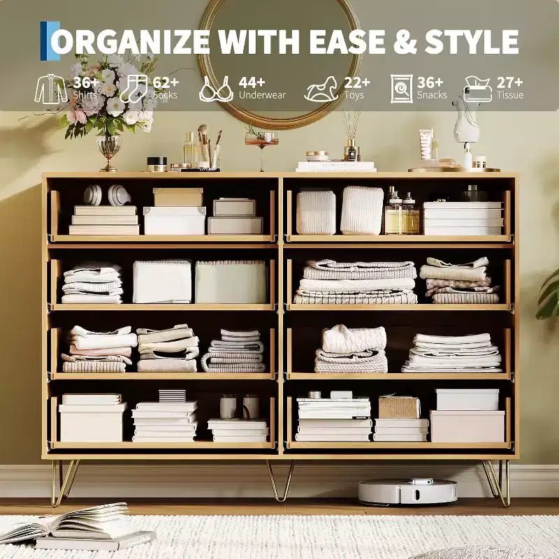 8-Drawer Fluted Wooden Dresser with Metal Handles
