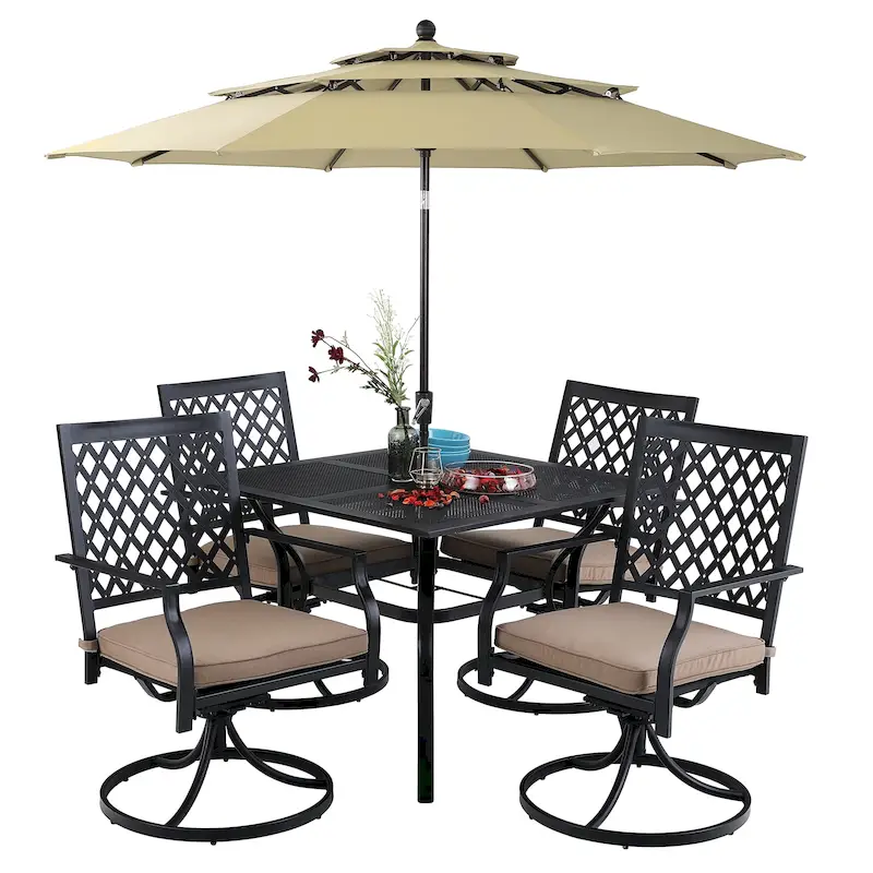 MAISON ARTS 6-Piece Metal Patio Dining Set: 4 Swivel Chairs, 1 Steel Frame Square 37 Table and 1x10ft 3-Tier Red Umbrella