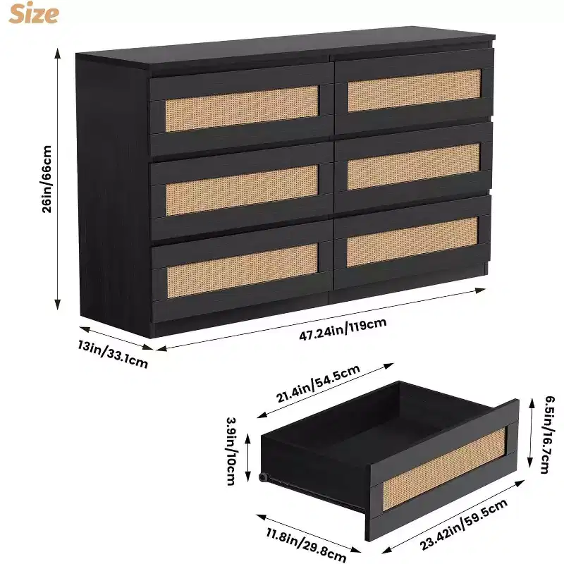Modern Rattan 6-Drawer Dresser, Slim Black Storage Organizer for Bedroom Living Room Entryway, Freestanding Cabinet with Metal Handles