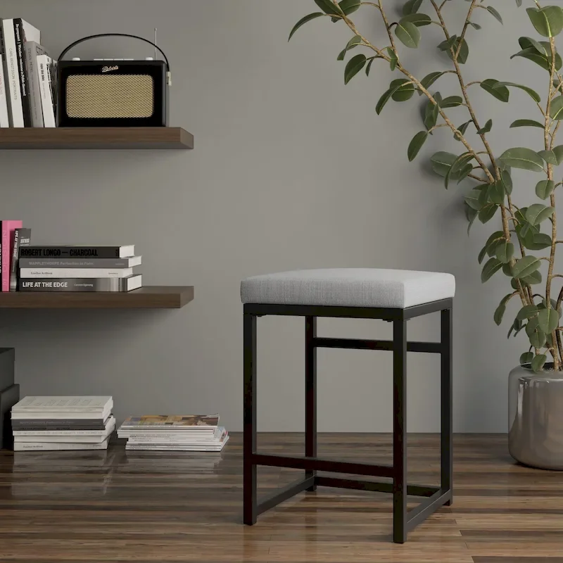 Backless Industrial Metal Counter Stool, 24in Seat Height, Textured Weave Fabric, Black Finish