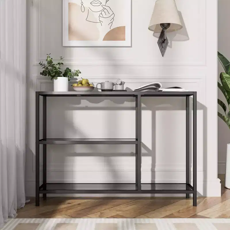 Modern Metal Narrow Console Table with Storage, Iron Frame, Tempered Glass Top