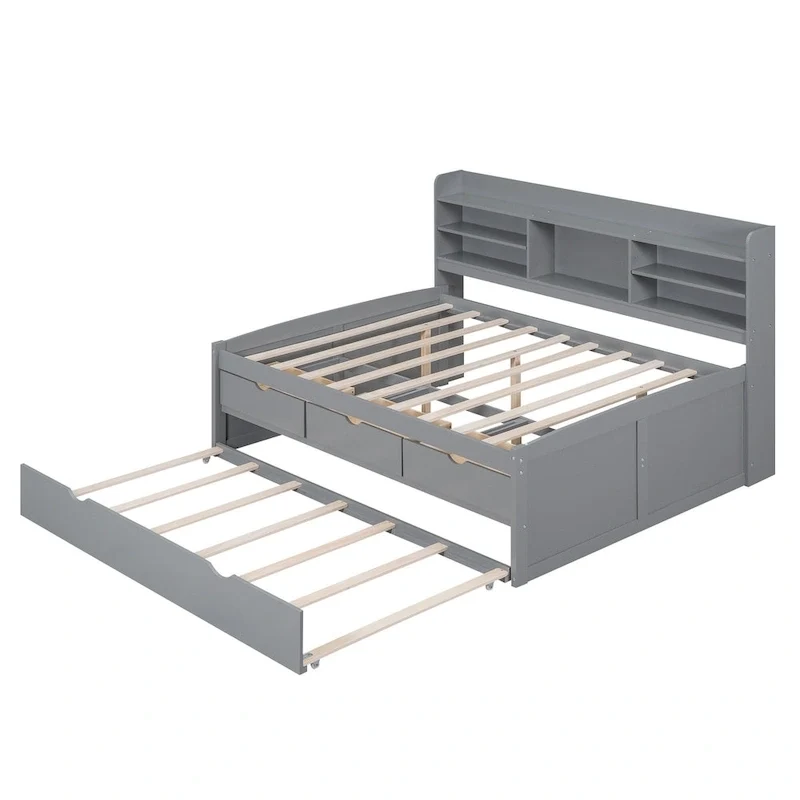 Full Pine Captain Bed with Shelves, Drawers & Trundle