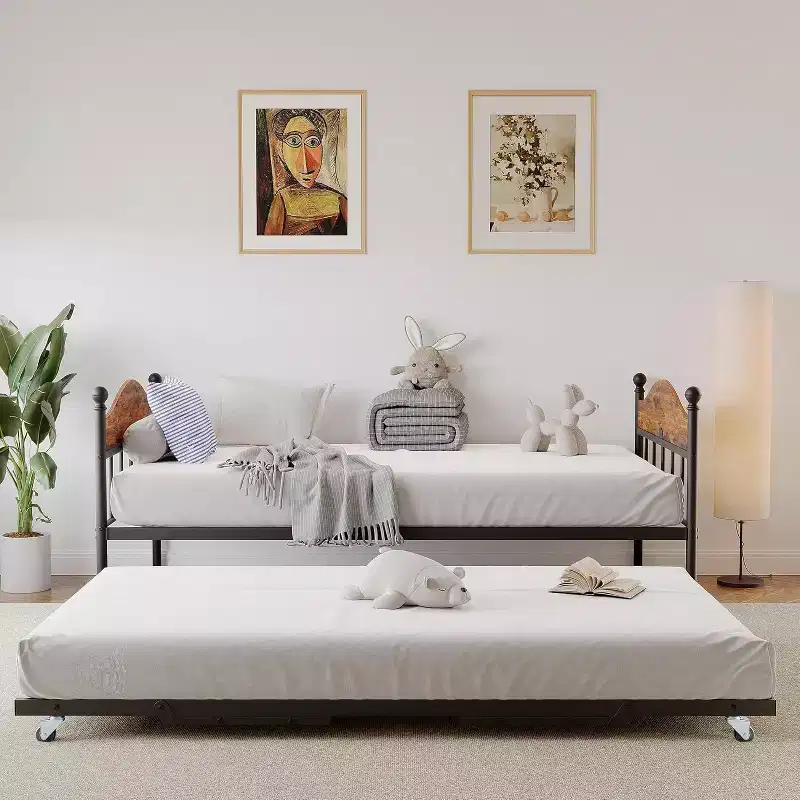 Metal Twin Size Day Bed, Daybed With Trundle, With Stylish Headboard, Sofa BedFrame, for Living Room, Bedroom and Guest Room