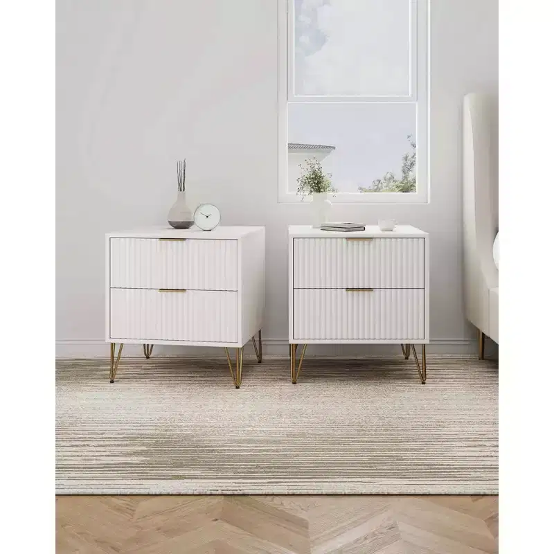 Manhattan Comfort Set of 2 Dumbo 2 Drawer Nightstands White: Modern Style, MDF Frame, Metal Glides, Storage Solution