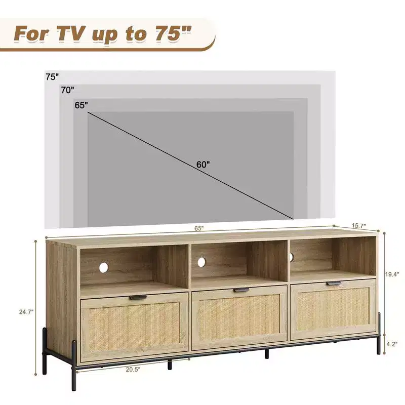 Rattan TV Stand for TVs up to 75'', Entainment Center with Open Shelf & 3 Drawers, Mid Century Modern Entertainment Center