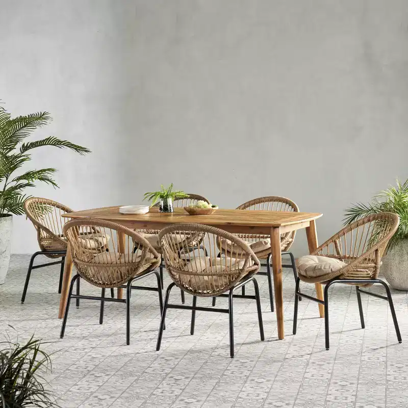 Christopher Knight Home Marten Wicker and Acacia Wood Outdoor 7 Piece Dining Set with Cushions, Beige/Teak
