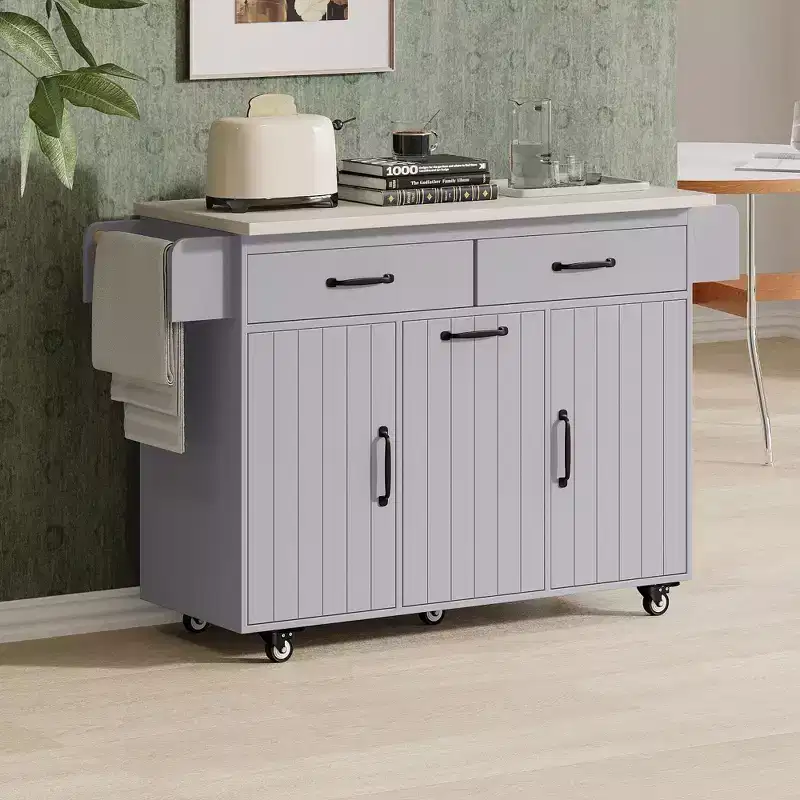 Okak Kitchen Island with Drop Leaf and Spice Rack, Kitchen Island On Wheels with Trash Cabinet, Kitchen Cart for Kitchen, Dining Room, Gray