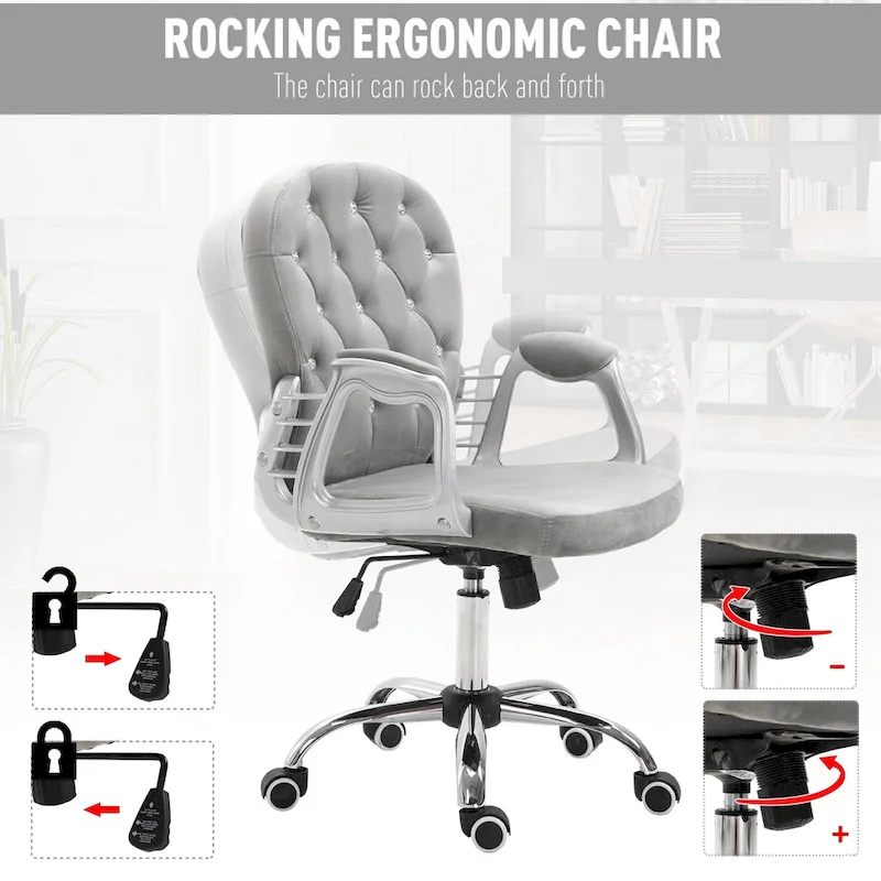Vanity Middle Back Office Chair Tufted Backrest Swivel Rolling Wheels Task Chair with Height Adjustable Armrests