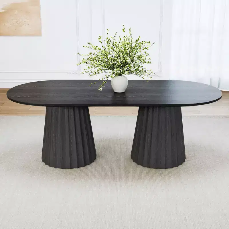 86 inch Double-base Oval Black Dining Table with 8 Dining Chairs for Dining Room / Living Room