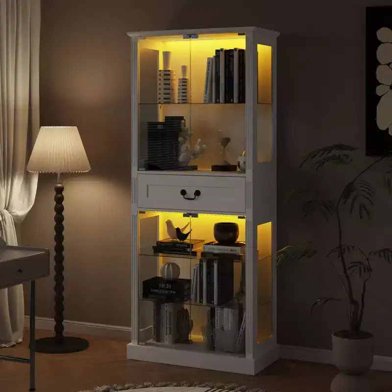 Famapy White Tall Display Cabinet with LED Lighting  Glass Display Case with Drawer for Collectibles, Books & Home Decor