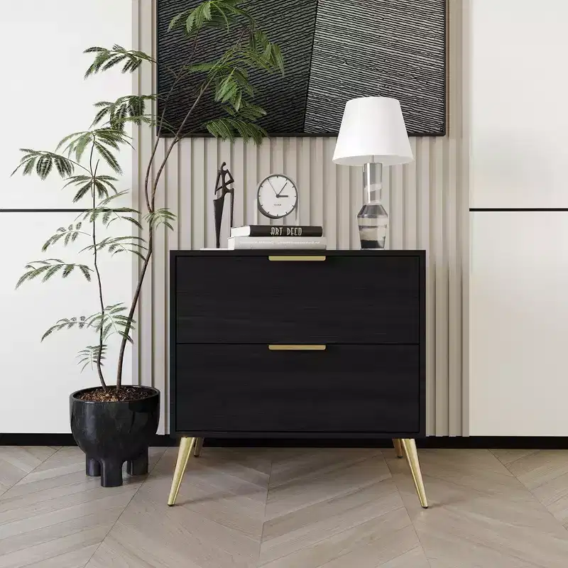 2-Drawer Nightstand with Gold Legs and Handles, Solid Wood