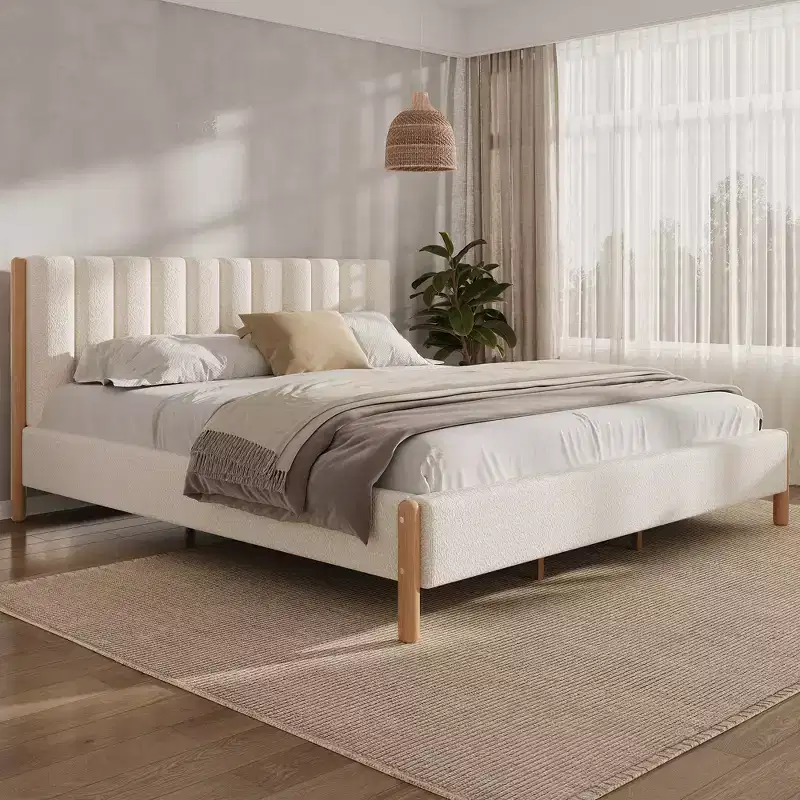 Queen/King/California King Size Upholstered Platform Bed Frame with Thick Padded Headboard & Solid Wood Legs, White - ModernLuxe