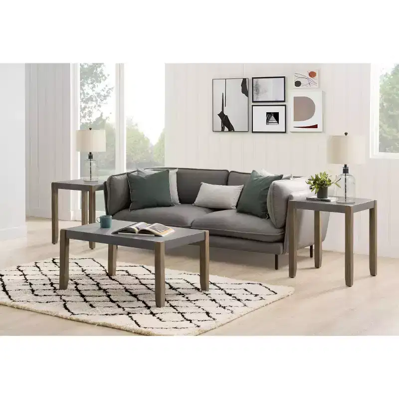 36" Davenport Faux Concrete and Wood Coffee Table with 2 Square End Tables Light Amber - Alaterre Furniture: Rustic Industrial 3-Piece Set