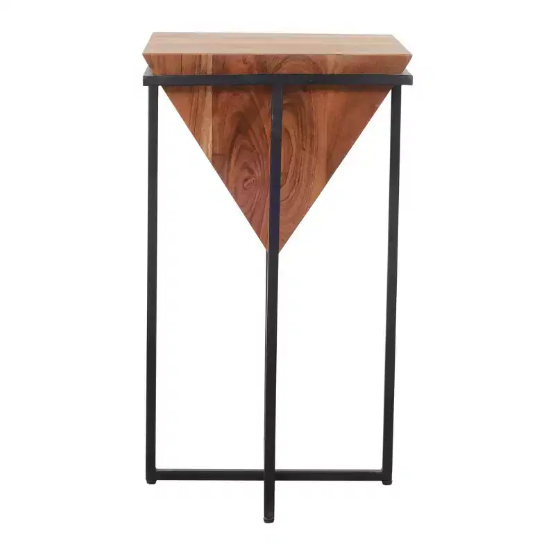 The Urban Port 26" Pyramid Shape Wooden Side Table with Cross Metal Base Brown/Black