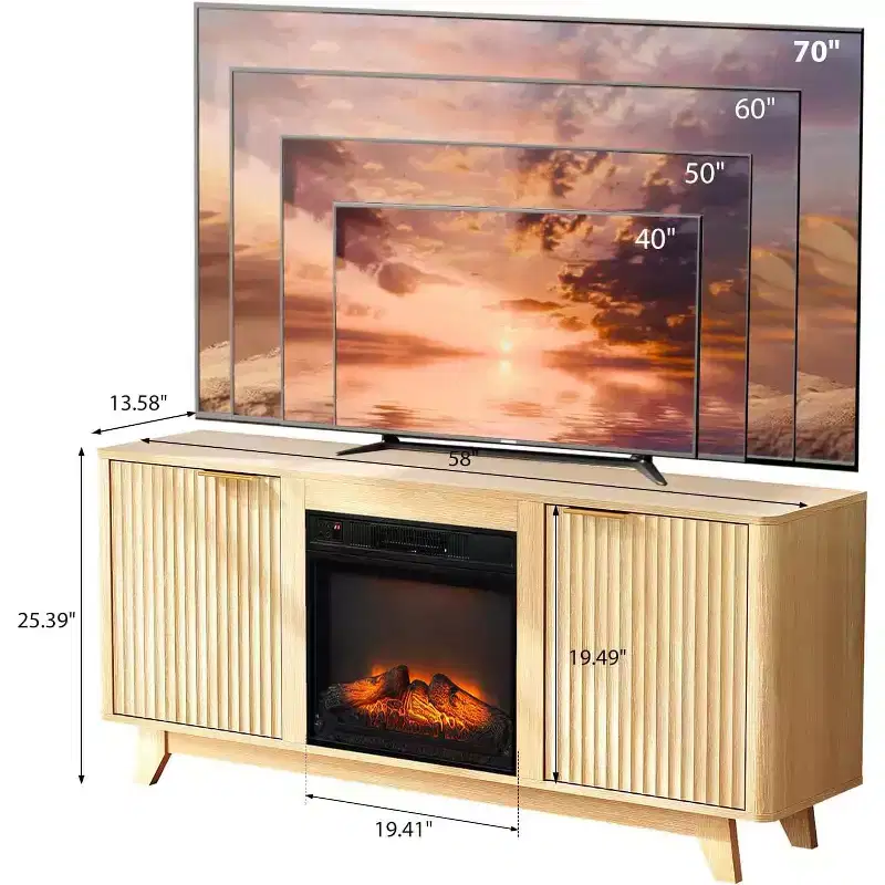 Fireplace TV Stand for up to 70 inch TVs, Fluted Entertainment Center with Electric Fireplace Heater & Adjustable Shelves, Oak