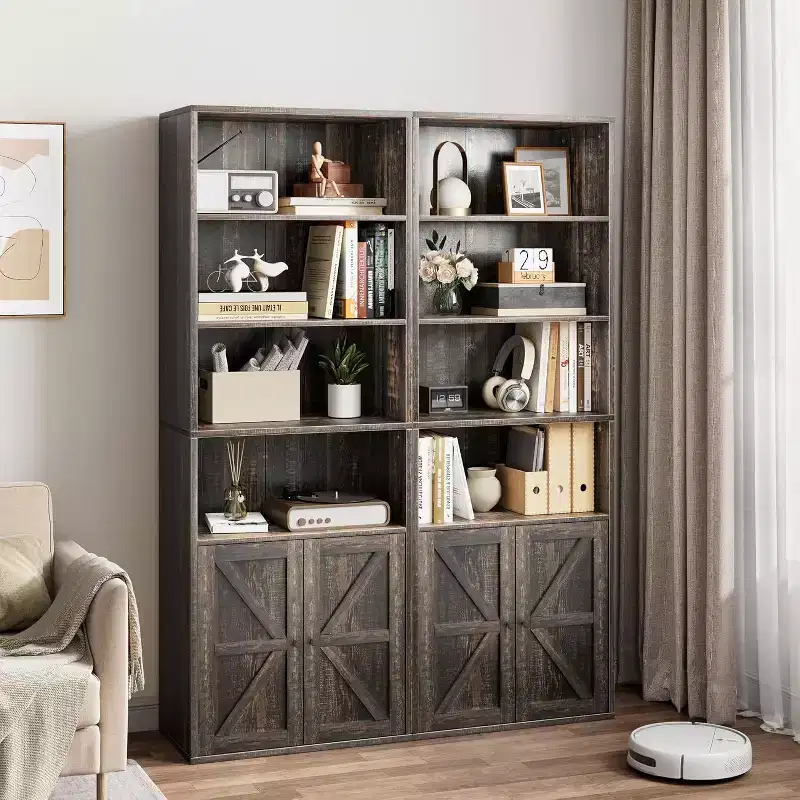 71.4 Grey Bookcase with Doors, 6-Shelf Industrial Farmhouse Bookshelf, Deep Storage Display Cabinet