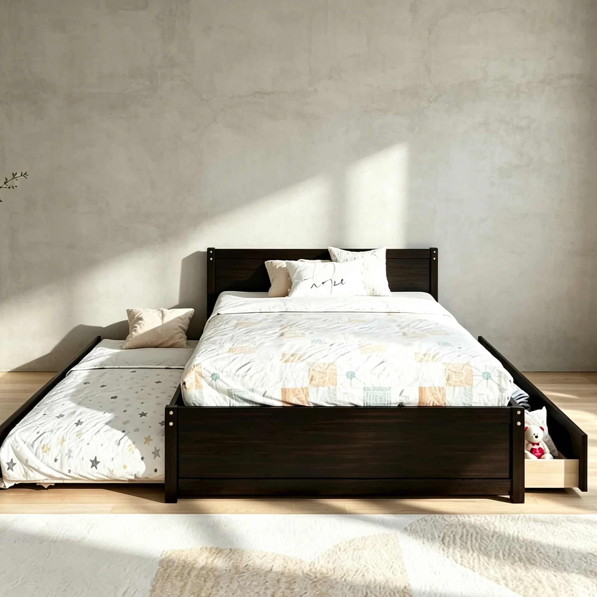 Full Bed Frame With Twin Trundle and 2 Drawers