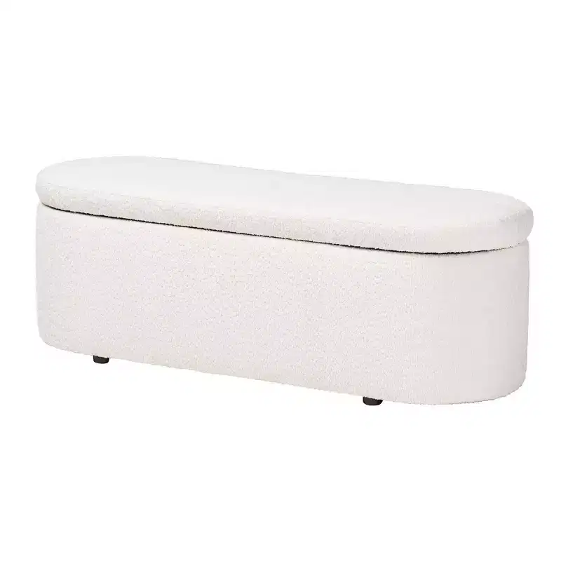 Baxton Studio Lavina Teddy Bear Fabric Storage Bench White: Oval Upholstered Ottoman, No Assembly Required