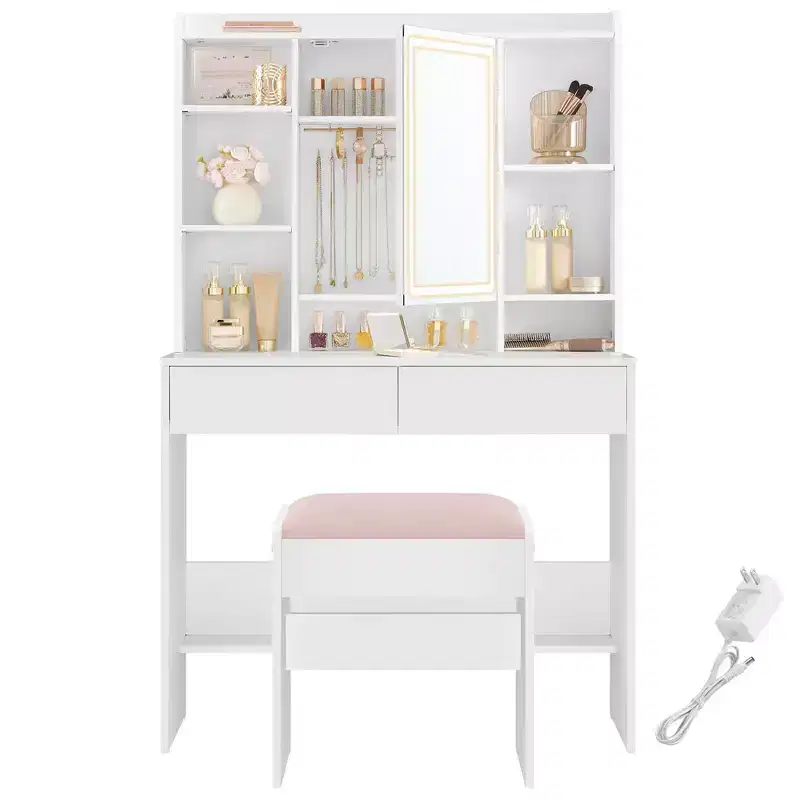Vanity Desk with LED Mirror Light and Stool Ink Black