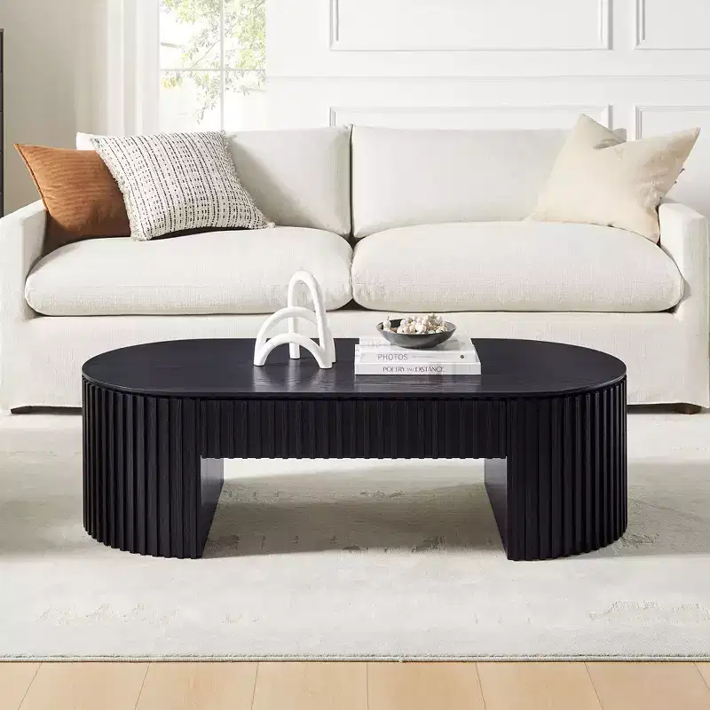 GDFStudio Manuel Modern Wooden Oval Pedestal Coffee Table with Drawer and Handcrafted Relief