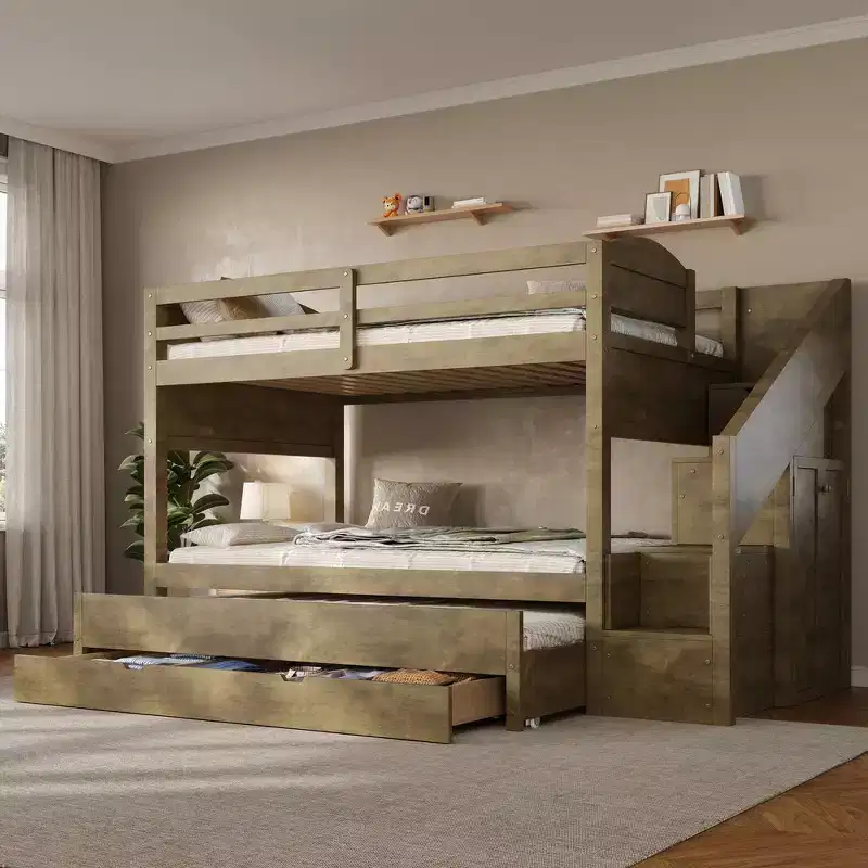 Whisen Twin XL Bunk Bed Frame with Trundle, Bunk Bed with Storage, Bunk Bed with Solid Wood, Storage Staircase, Wardrobe, 3Drawer, for Kids