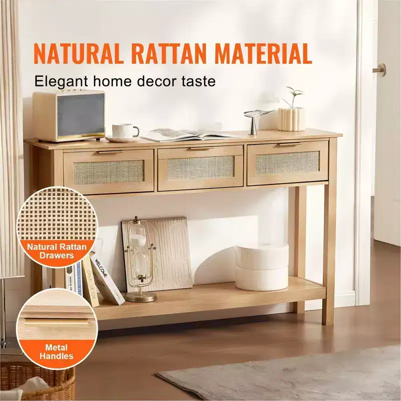 Rattan Console Table with 3 Drawers and Bottom Shelf Narrow Entryway Sofa Table 51.38 in Beige