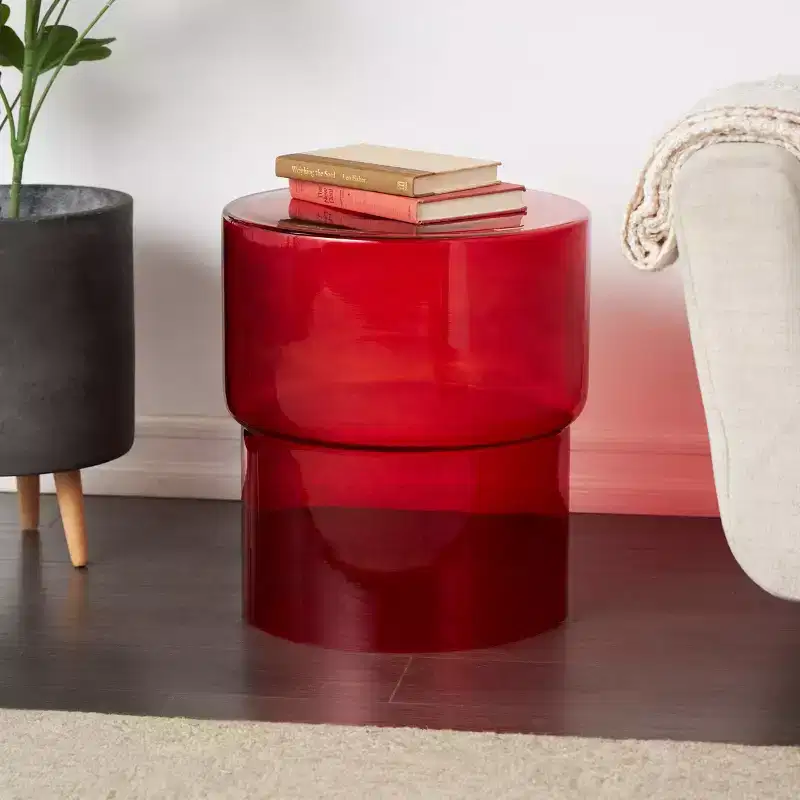 Round Glass Modern Accent Table, Red
