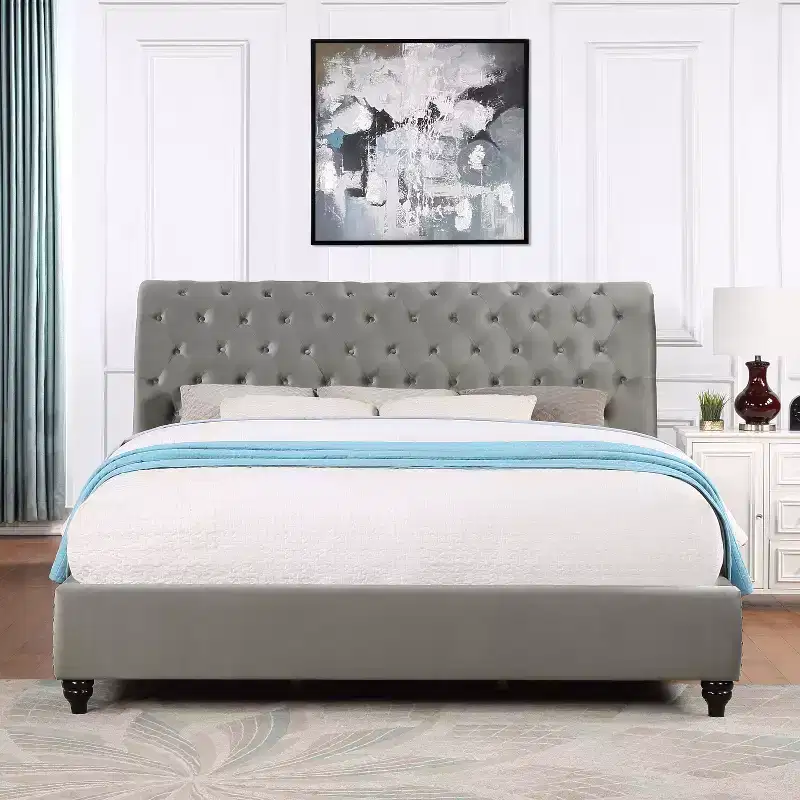 Contemporary Queen Size Velvet Upholstered Tufted Sleigh Bed, Solid Wood Frame