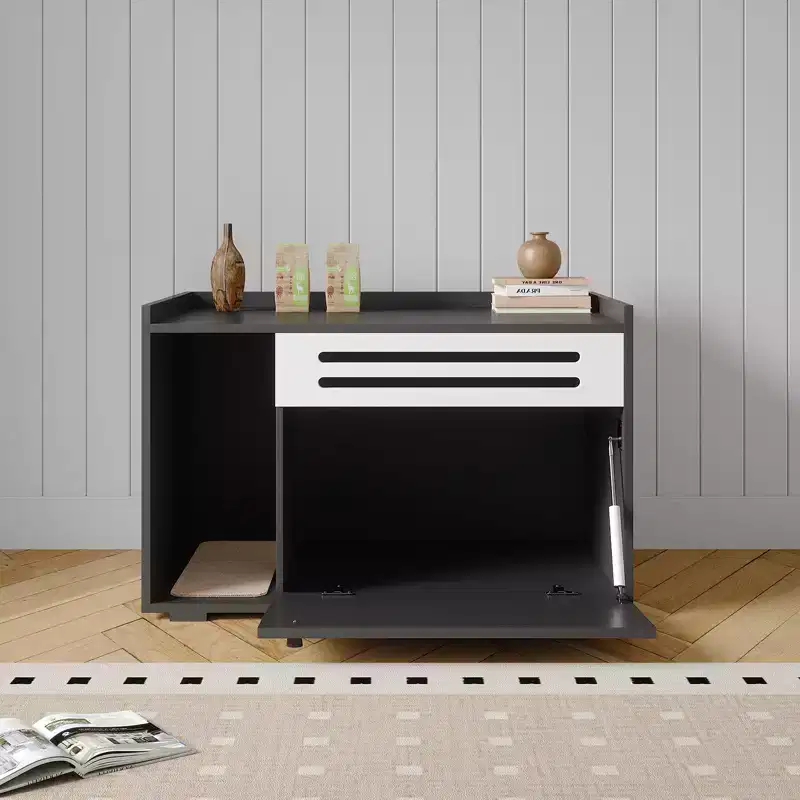 Black / Brown Ventilated Wood Cat Litter Box Enclosure, for 1–2 Cats