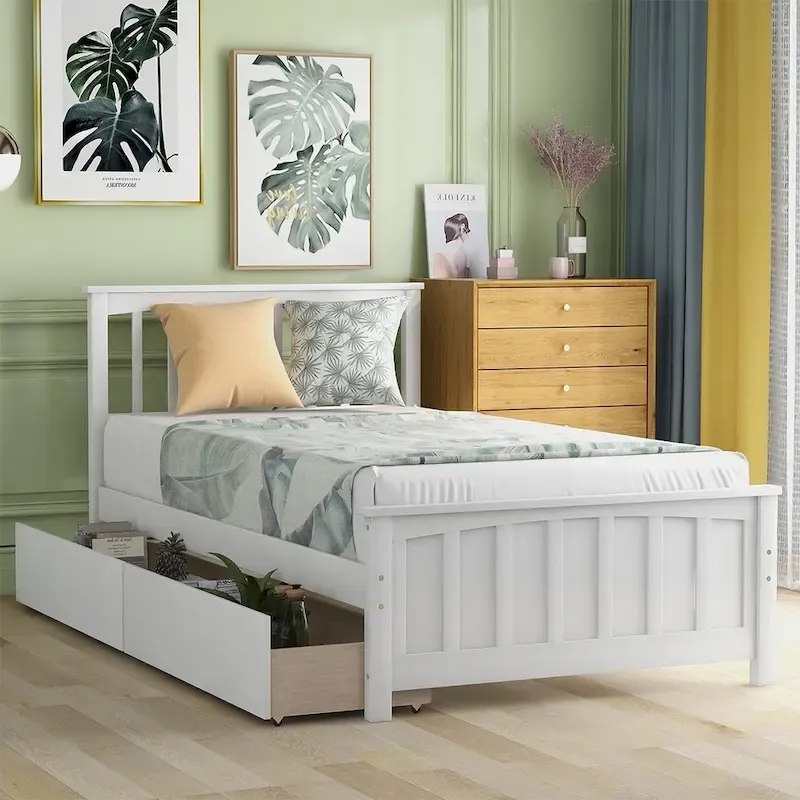 Twin Size Platform Bed with Trundle & 2 Storage Drawers – White Solid Pine