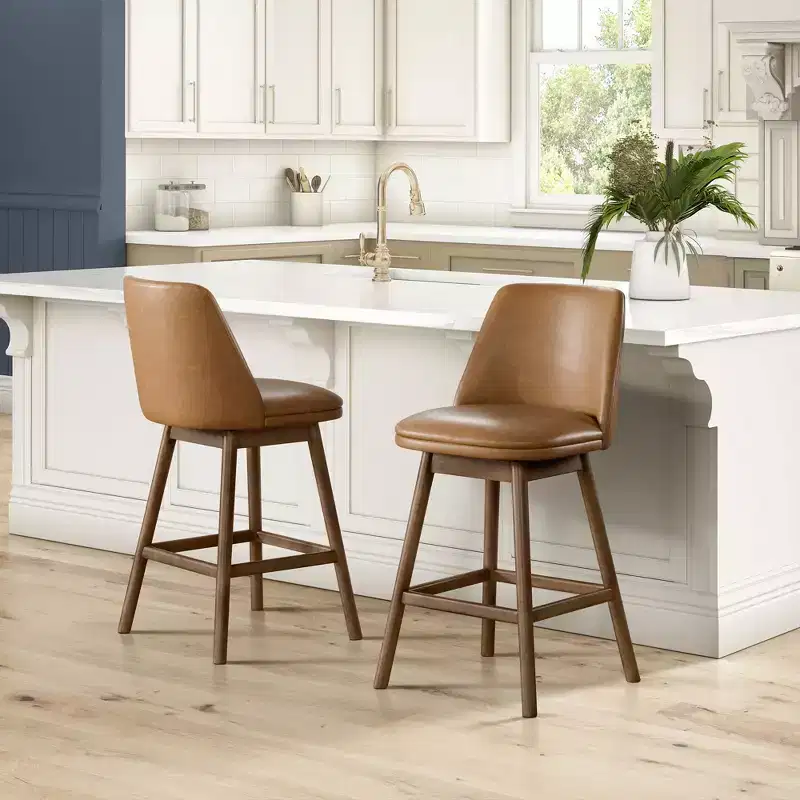 26 Inch Swivel Counter Stool, Faux Leather, Walnut Hardwood Legs, Set of 4