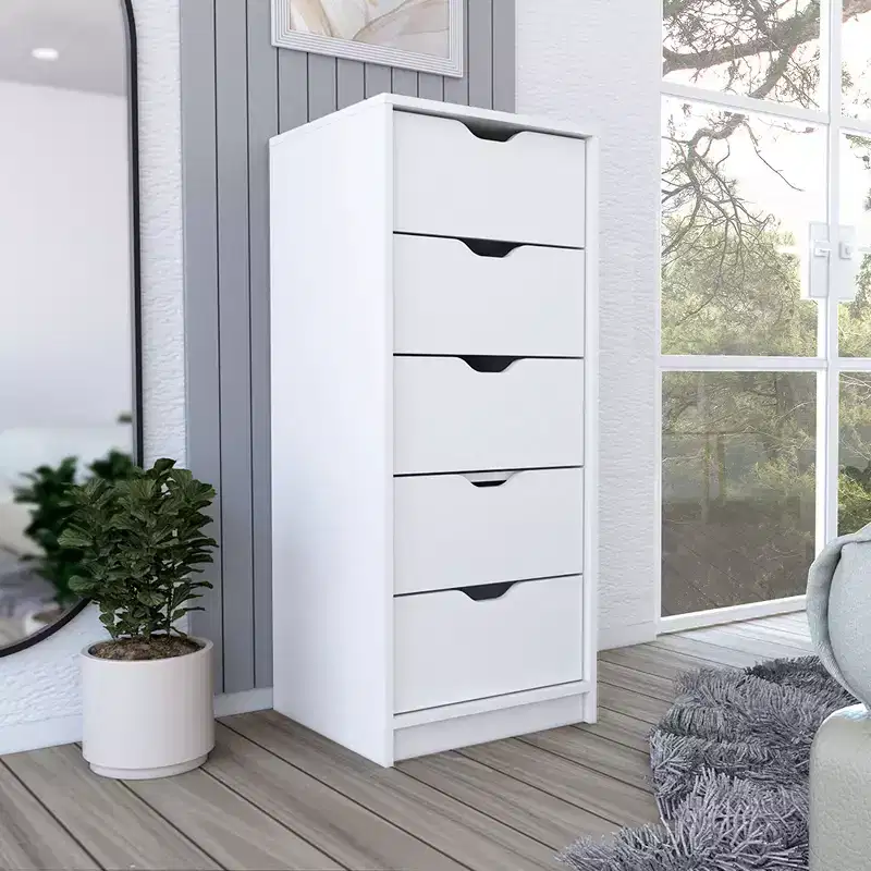 5-Drawer Narrow Dresser, White Finish, Particle Board, 42.44