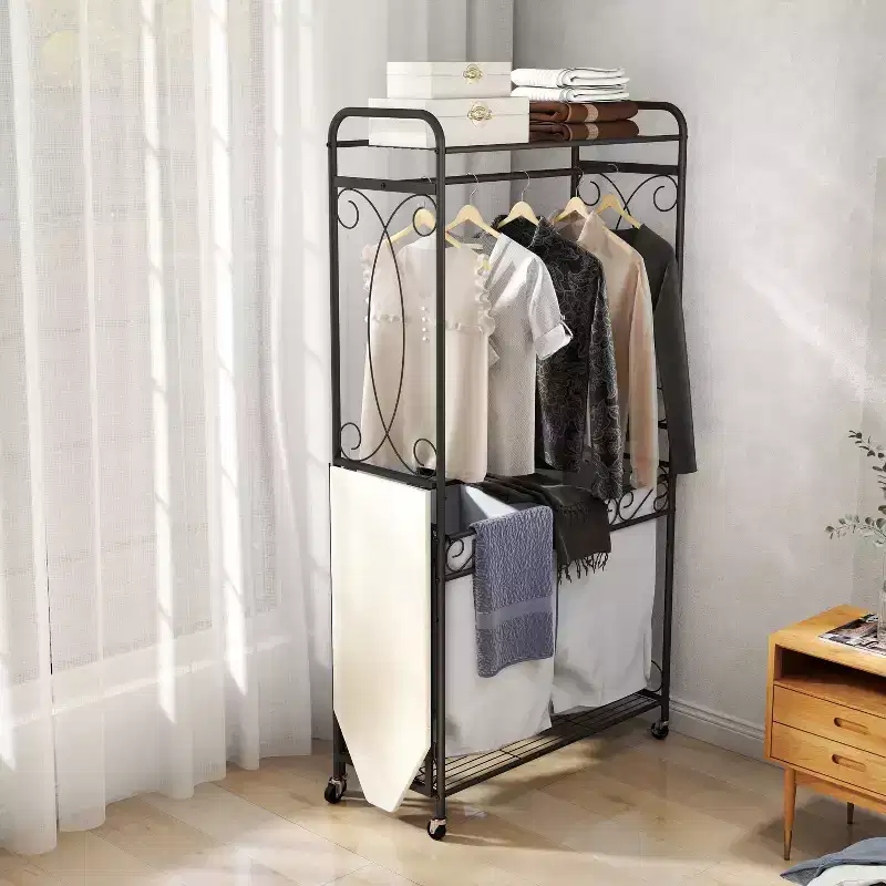 Multifunctional storage rack with hanging rods and shelves, metal basket with wheels, suitable for bathrooms, laundry rooms, and bedrooms.