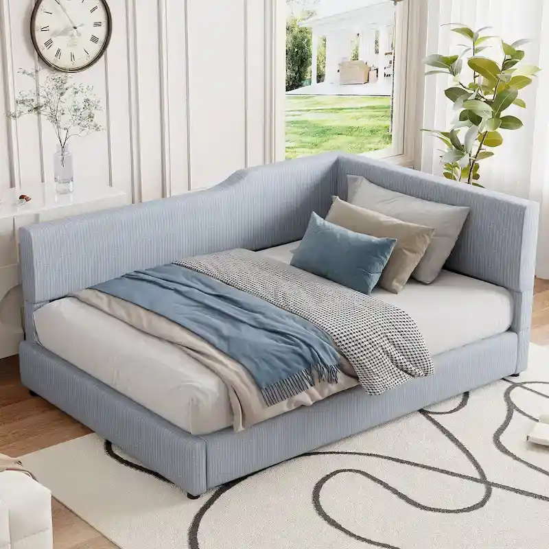 Full Size L-Shaped Daybed with Solid Wood Frame, 500 lbs Weight Capacity