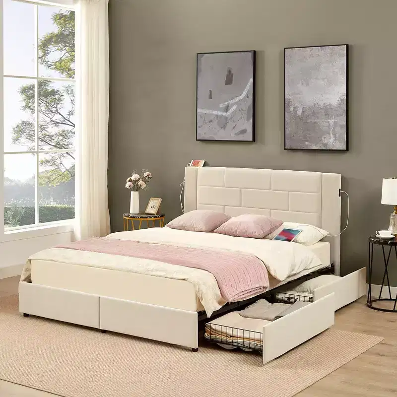 VECELO Upholstered Bed Metal Frame Platform Bed with USB Charging