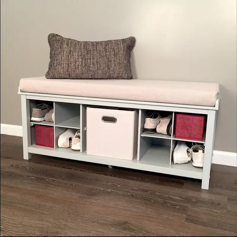 Solid Wood Entryway Bench with 2 Shoe Storage & 1 Bin Grey