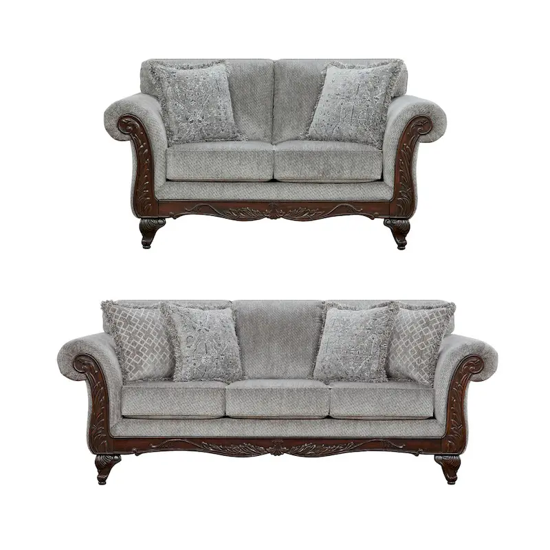 Roundhill Furniture Hernen 2-Piece Carved Wood Frame Living Room Set