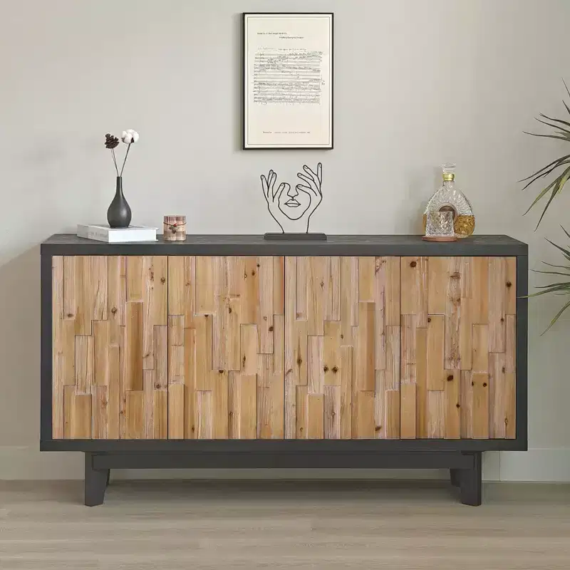 59'' Rustic Wooden Geometric Textured Storage Cabinet with 4 Doors and 2 Adjustable Shelves