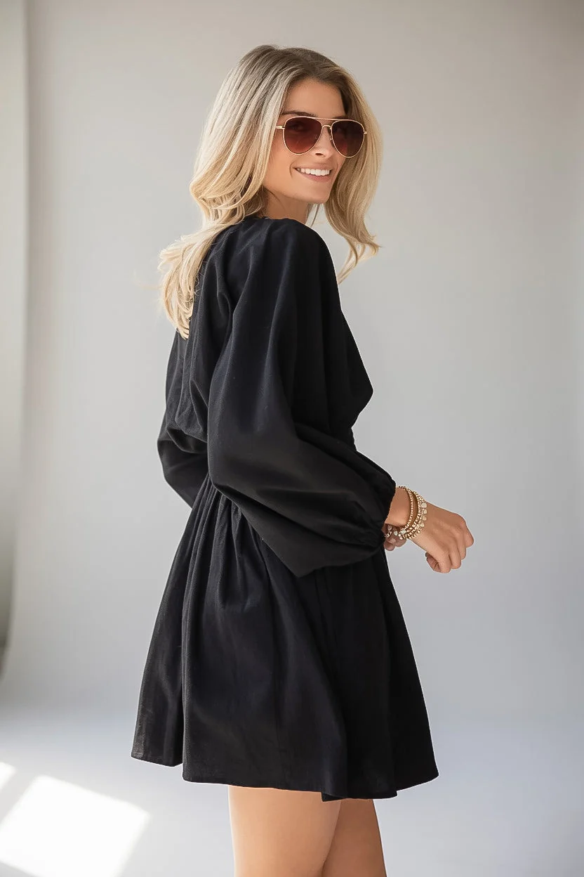 Smocked Waist Balloon Sleeve A-Line Mini Dress